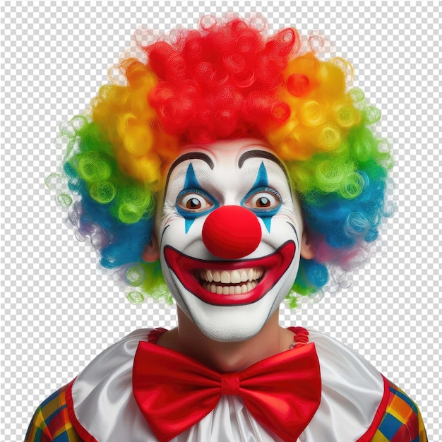 A clown with a red and blue face and a white background