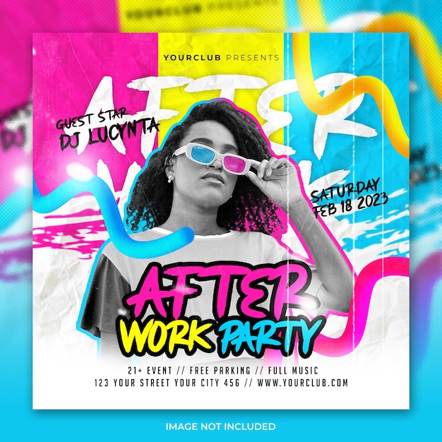 PSD club dj after work party colorful social media post or flyer template