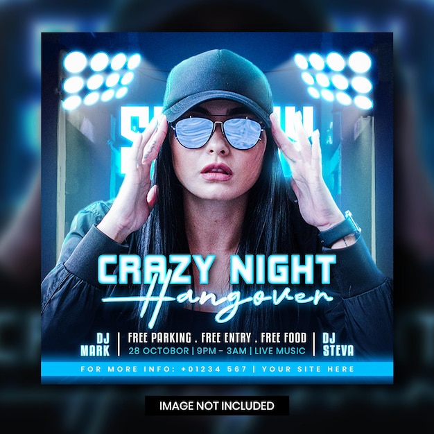 Club dj crazy night party flyer social media e modello di post di instagram