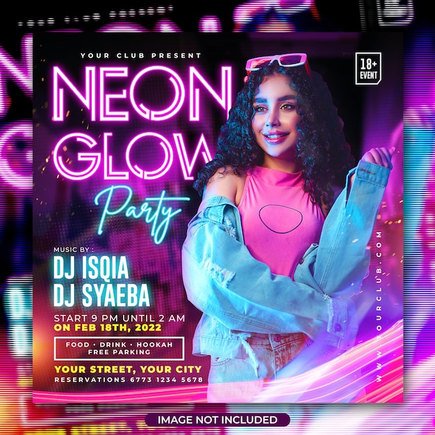 PSD club dj neon glow party flyer social media post instagram
