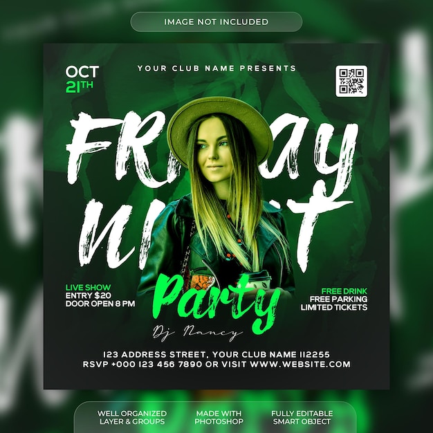 Club dj night party flyer en social media post