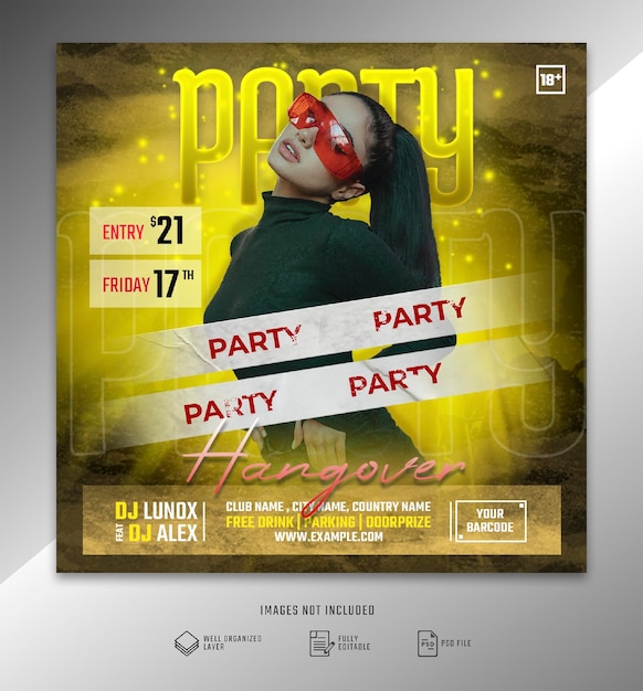 PSD club evenement feest dans flyer sociale media post glanzende gele gradiënt sjabloon banner