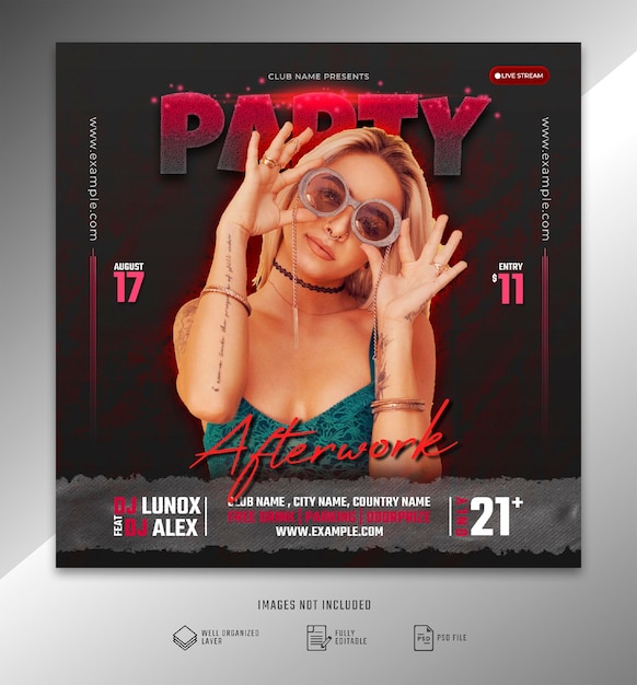 Banner di modello di post sui social media per eventi di club party dance flyer