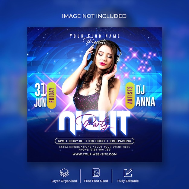 Club night dj party flyer social media post and web banner template design