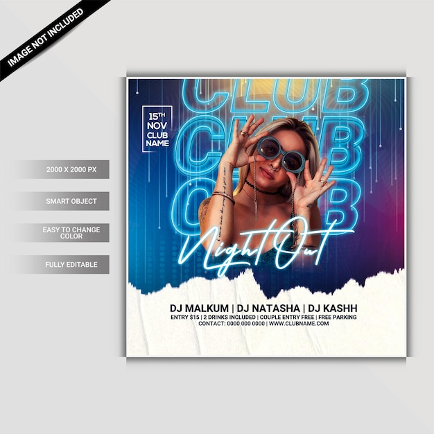 Club night party flyer template or social media post