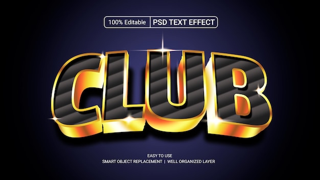 Club text effect in gold and black color 3D style