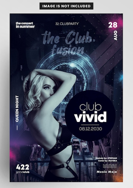 PSD club vivid ファッションと音楽パーティーのフライヤー