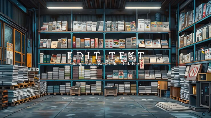 PSD a cluttered newsstand filled with stacks of newspapers and magazines