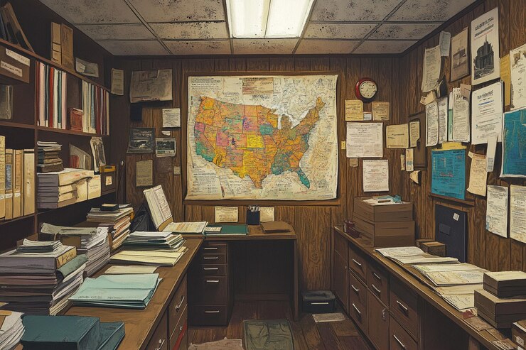 PSD a cluttered vintage office features a large us map wooden desks piled high with papers and bookshelves overflowing with documents