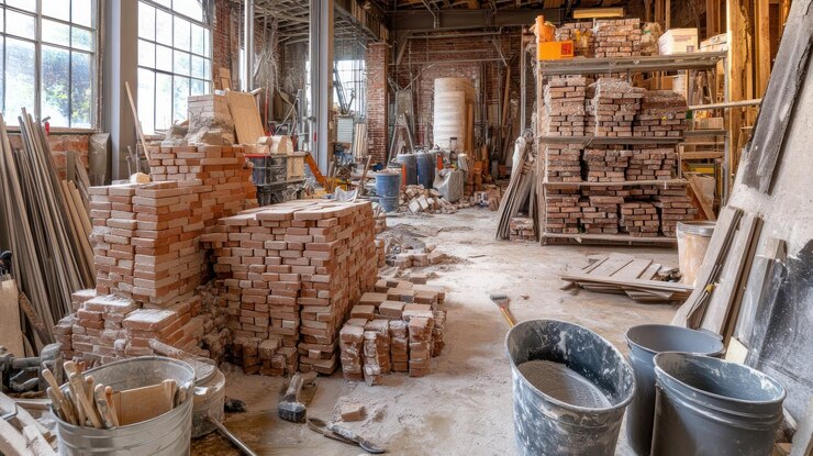PSD a cluttered workshop filled with building materials