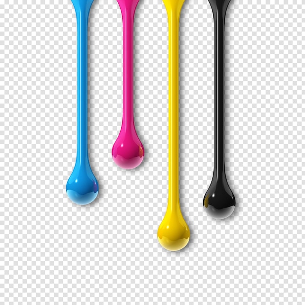 PSD cmyk ink drops on transparent background