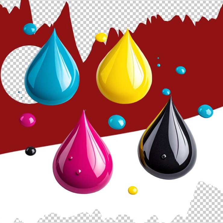 CMYK Ink Drops Vibrant Background Image (Czarny atrament w kolorze CMYK)