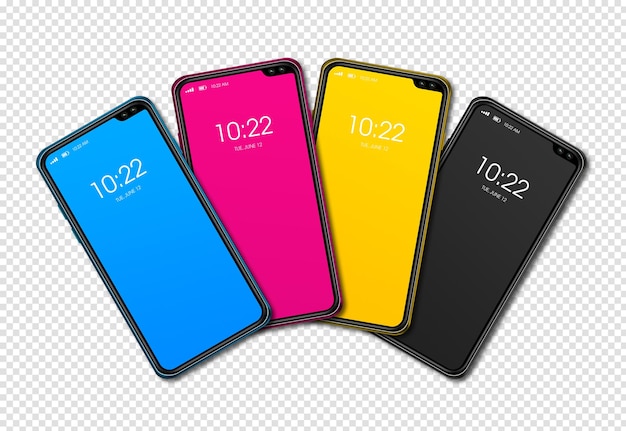 透明な背景の 3 D レンダリングに分離された CMYK スマート フォン セット