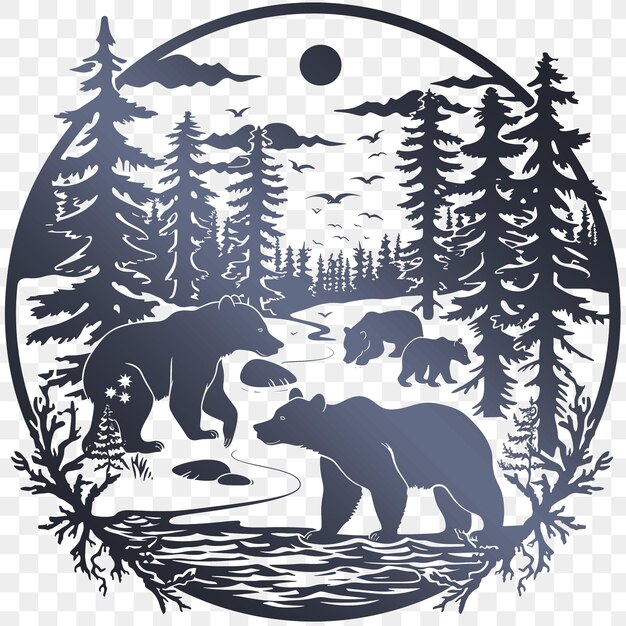 PSD cnc woodburning ink art with bears and pine trees for decoratio outline die cut tattoo tshirt art (장식적인 윤을 위해 과 소나무를 가진 cnc 목소리 잉크 아트)