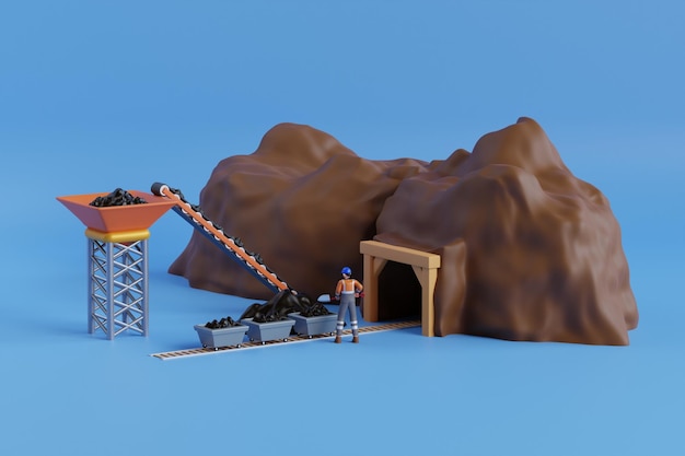 Coal mining industry and transportation 3d illustration Work in the coal mine Coal mine entrance