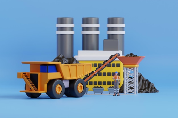 Coal mining industry conveyor and transportation dump trucks transporting coal to mining