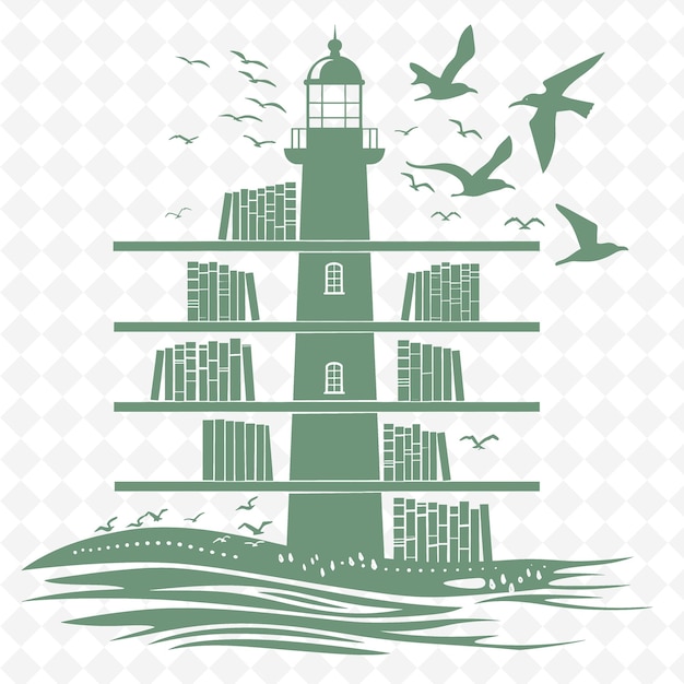 PSD Прибрежная книжная полка с дизайном маяка и коллекцией декоративных мотивов с иллюстрацией seagul