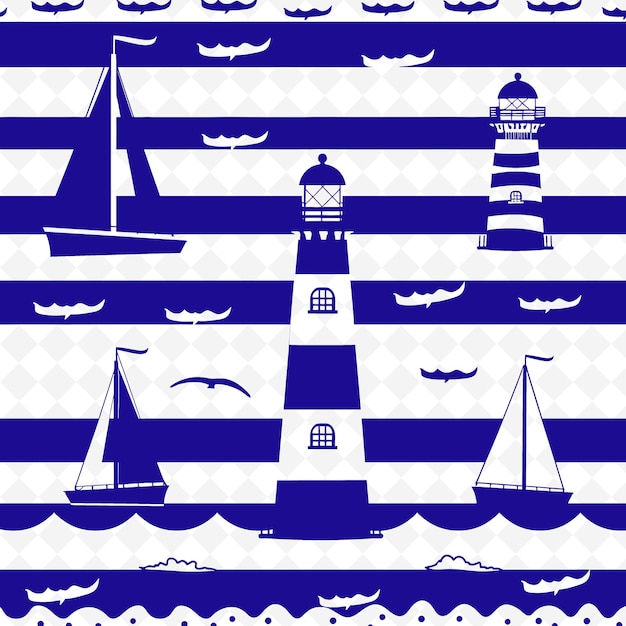 PSD contorno del faro costiero con disegno a righe e illustrazione di barche collezione di motivi decorativi