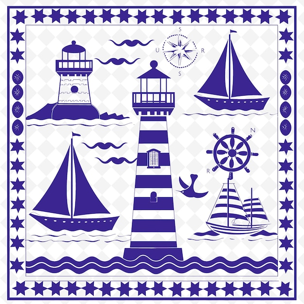 PSD coastal lighthouse outline with stripe pattern and boat det illustration decor motifs collection