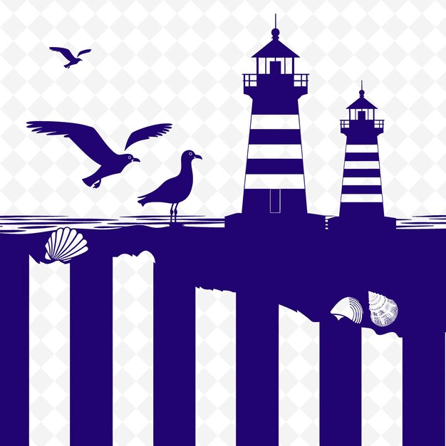 PSD coastal lighthouse outline with striped design and seagull illustration decor motifs collection