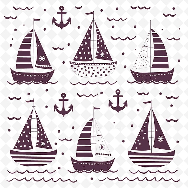 PSD contorno di barca a vela costiera con modello di vela e ancoraggio detai illustration decor motifs collection