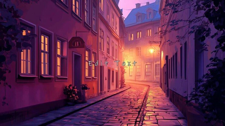 PSD cobblestone street at dusk warm light illuminates old buildings