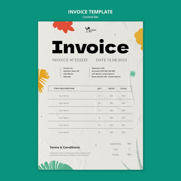 PSD cocktail bar with delicious drinks invoice