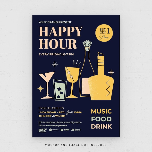 Коктейль happy hour bar flyer шаблон в psd