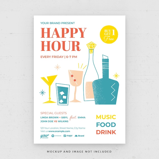 Коктейль Happy Hour Bar Flyer Шаблон в PSD