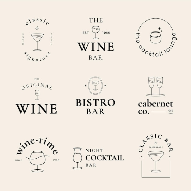 PSD cocktail lounge logo template psd with minimal cocktail glass illustration set