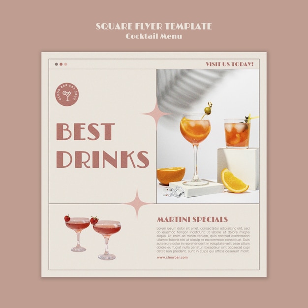 PSD cocktail menu square flyer design template