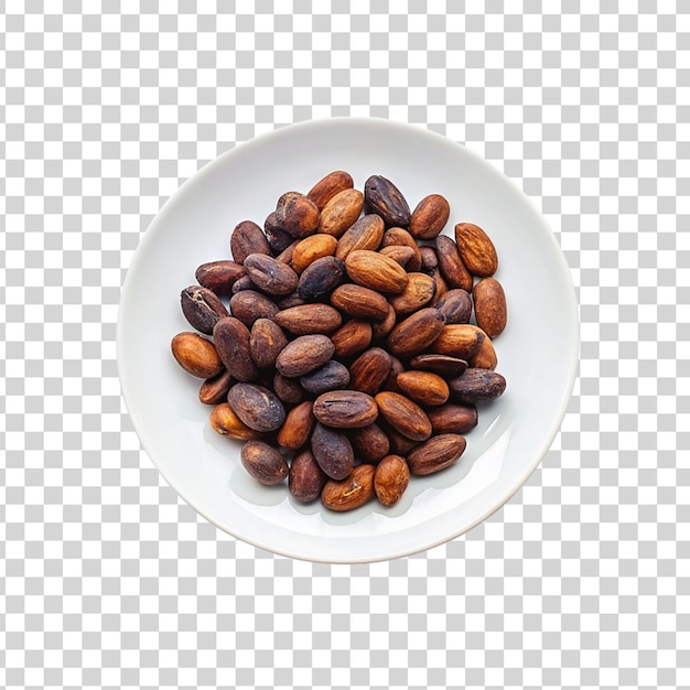 Cocoa beans in a white bowl isolated on transparent background