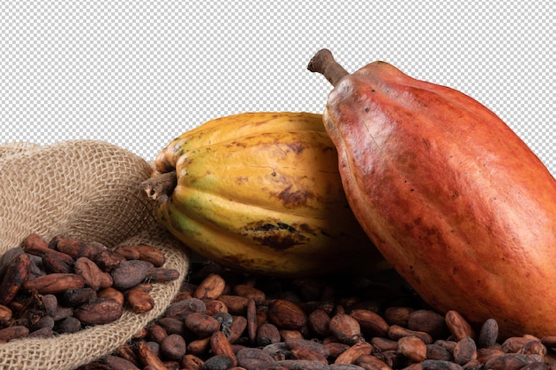 PSD cocoa fruits and raw cocoa beans with png transparent background