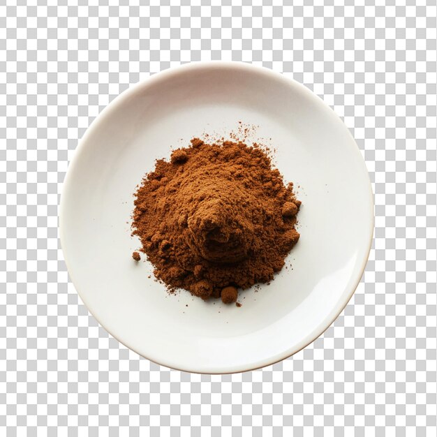 PSD cocoa powder on white plate isolated on transparent background