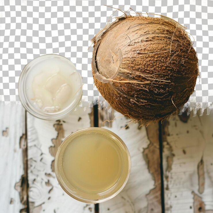 PSD a coconut and a cup of coconut are on a table