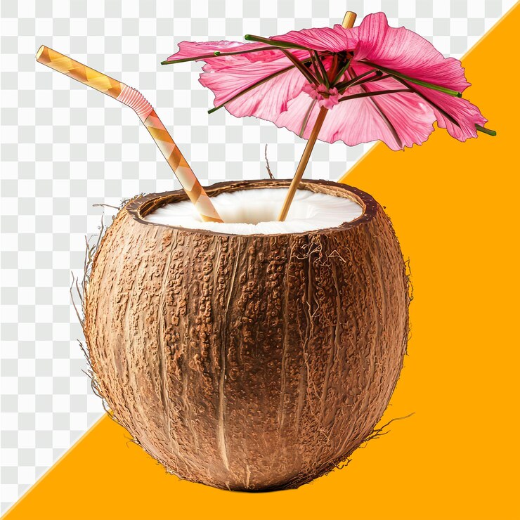 PSD coconut drink with umbrella straw and tropical flower on white background