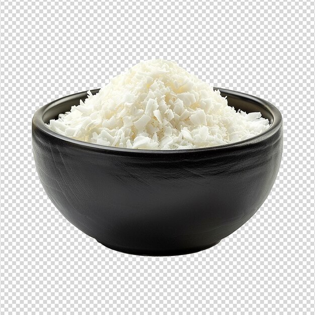 PSD coconut flakes powder in white bowl isolated on transparent background