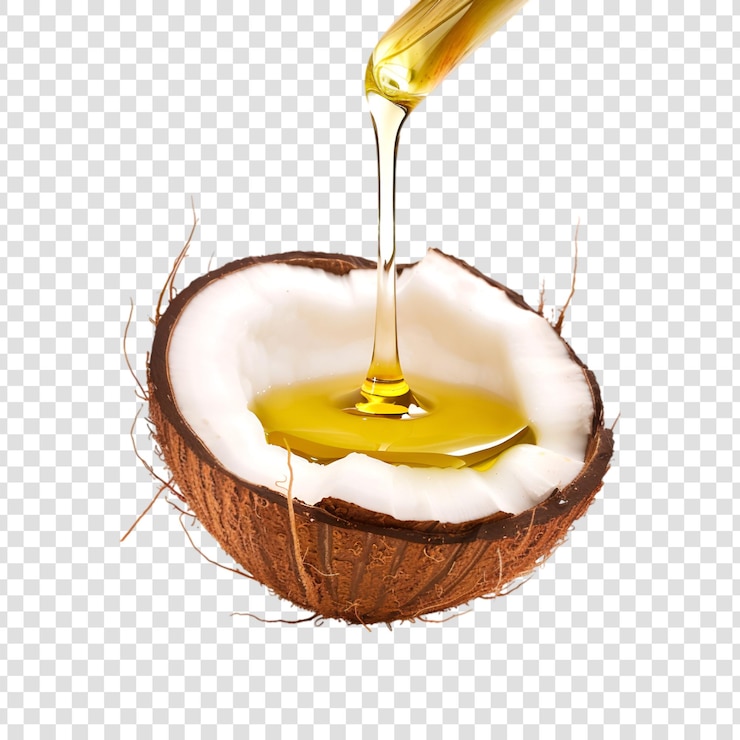 PSD a coconut half of it being poured oil with white background
