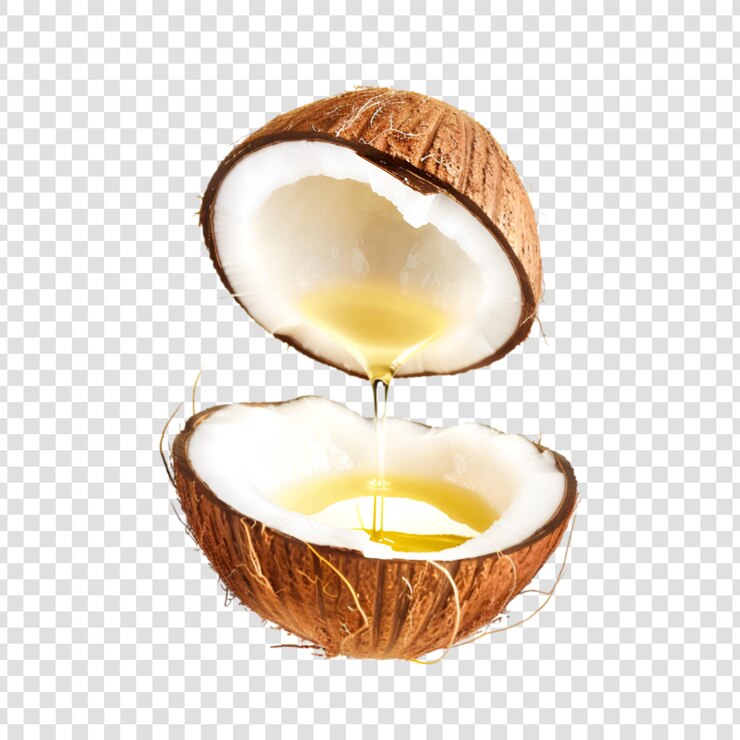PSD a coconut half of it being poured oil with white background