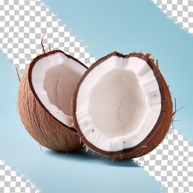 코코넛 반쪽은 투명한 배경을 쪼개면서 씨앗을 싹트게 합니다