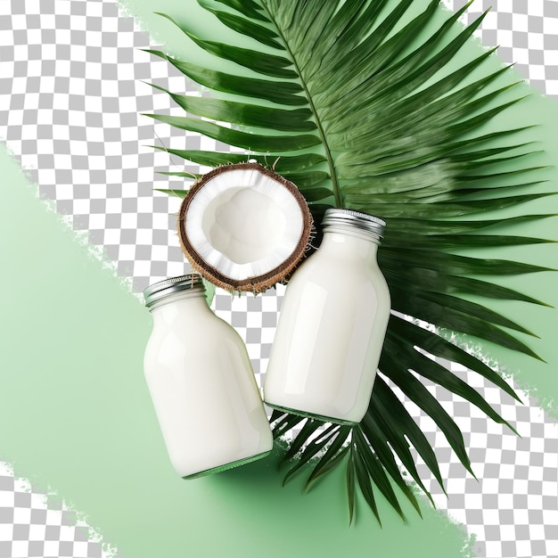 PSD coconut milk and fresh coconut with green leaves transparent background top view