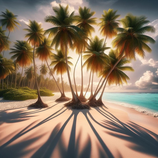 PSD coconut palm tree at the tropical caribbean white sandy beach in the sunset