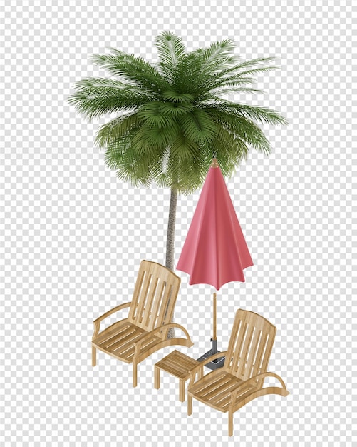 PSD coconut trees with lounge chair in 3d rendering