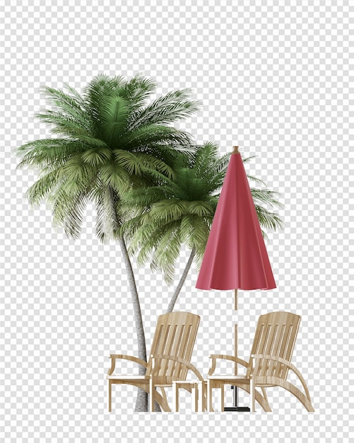 PSD coconut trees with lounge chair in 3d rendering