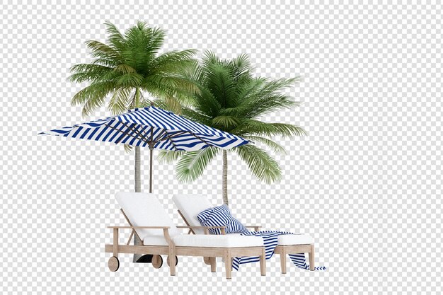 PSD alberi di cocco con sedia a sdraio in rendering 3d