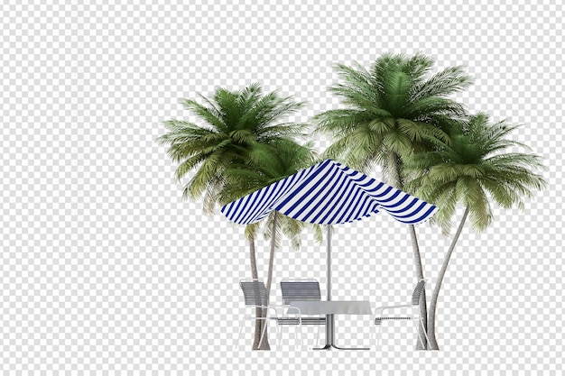 Alberi di cocco con sedia a sdraio in rendering 3d