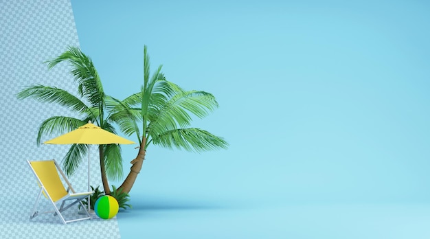 PSD Кокосовые пальмы с шезлонгом в 3d-рендеринге
