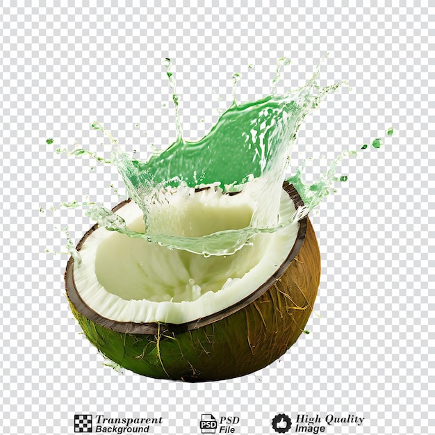 PSD coconut water splashing out of a fresh green coconut isolated on transparent background