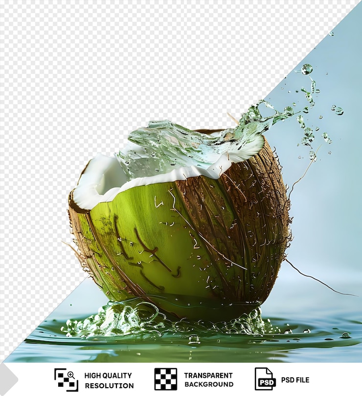 PSD coconut water splashing out of a fresh green coconut png clipart png psd