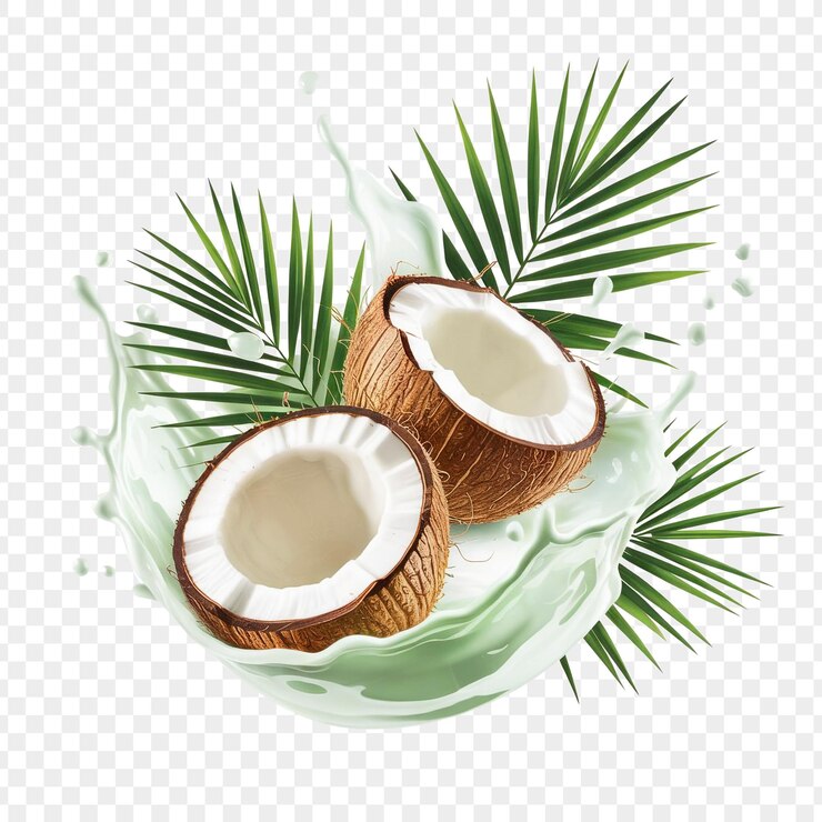 Coconut with Splash and Palm Leaves